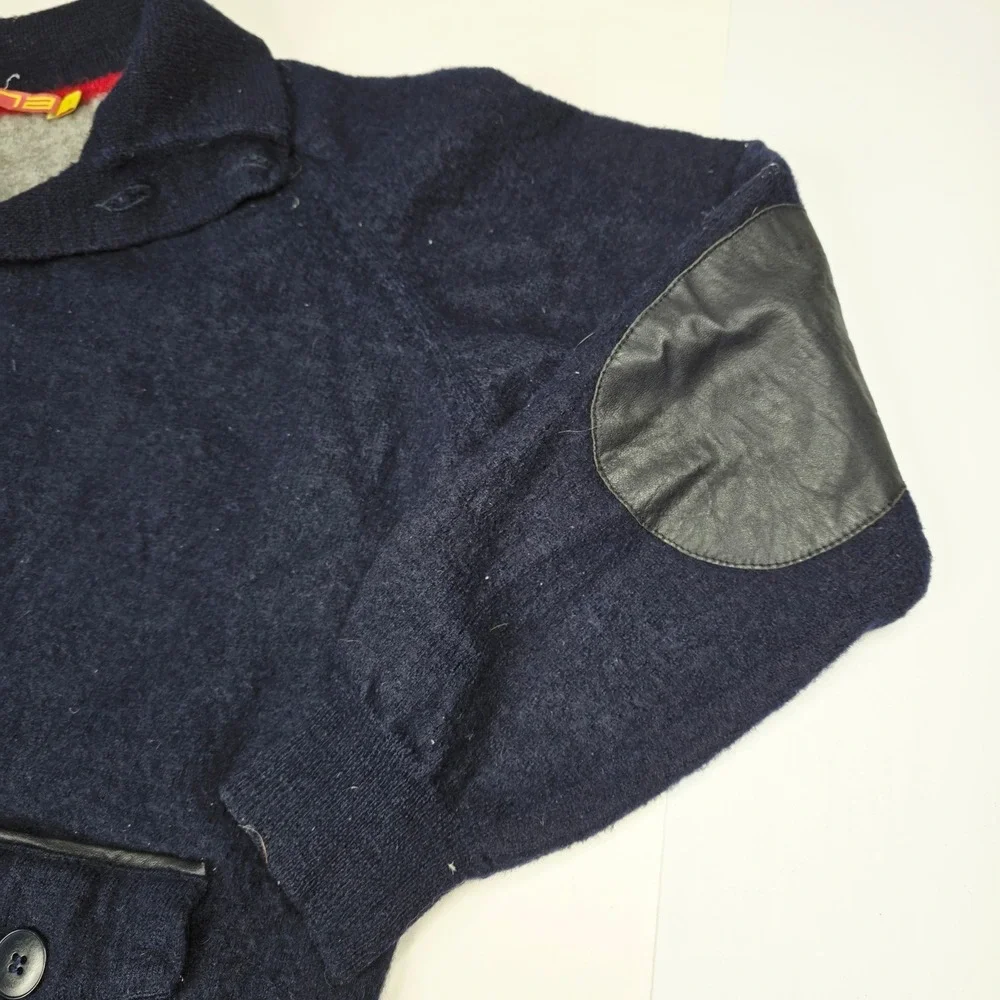 Kuna Navy Knit Cardigan Sweater Leather‎ Elbow Patches Mens Small Button Down